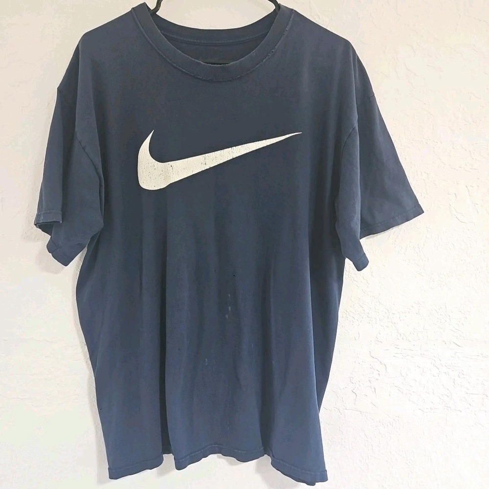 90s NIKE Huge Swoosh Distressed T-Shirt Vintage  XL Navy Blue Thrashed